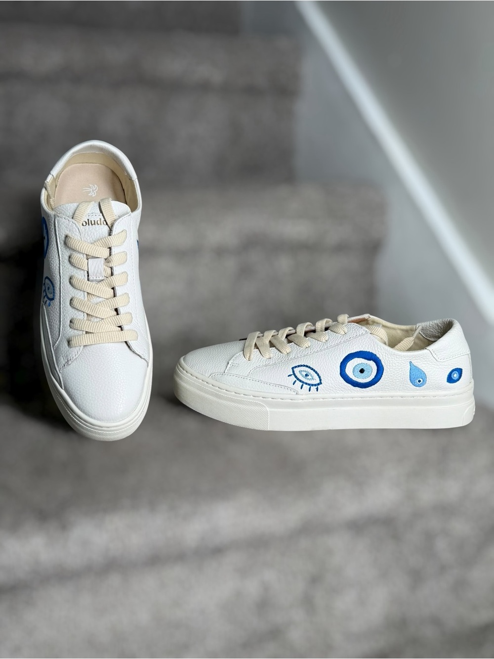 NEW Soludos Evil Eye Ibiza White Leather Platform Sneakers Embroidered Shoes 8.5